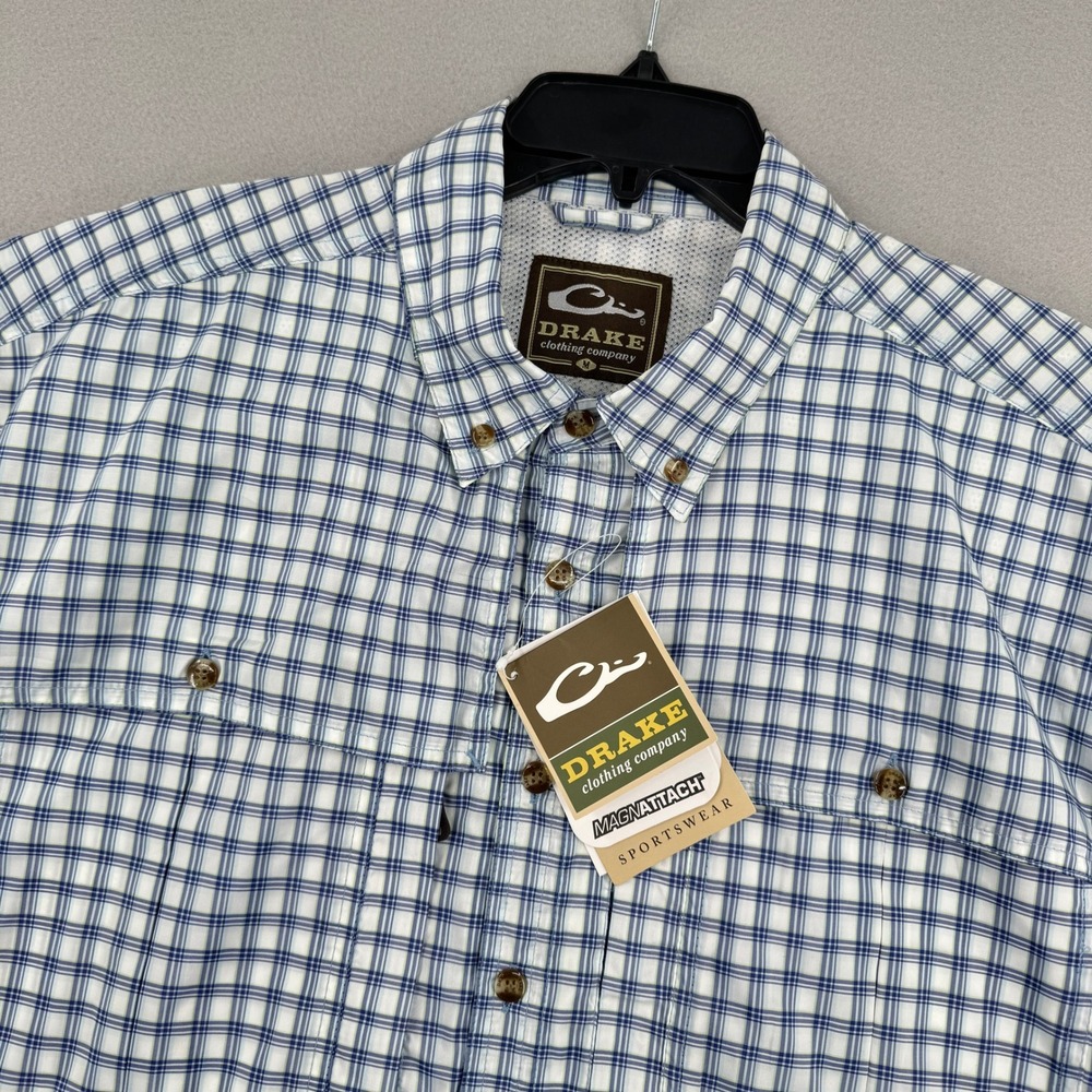 NWT Drake Waterfowl Mens M Blue Plaid Magnattach Short Sleeve Fishing Shirt